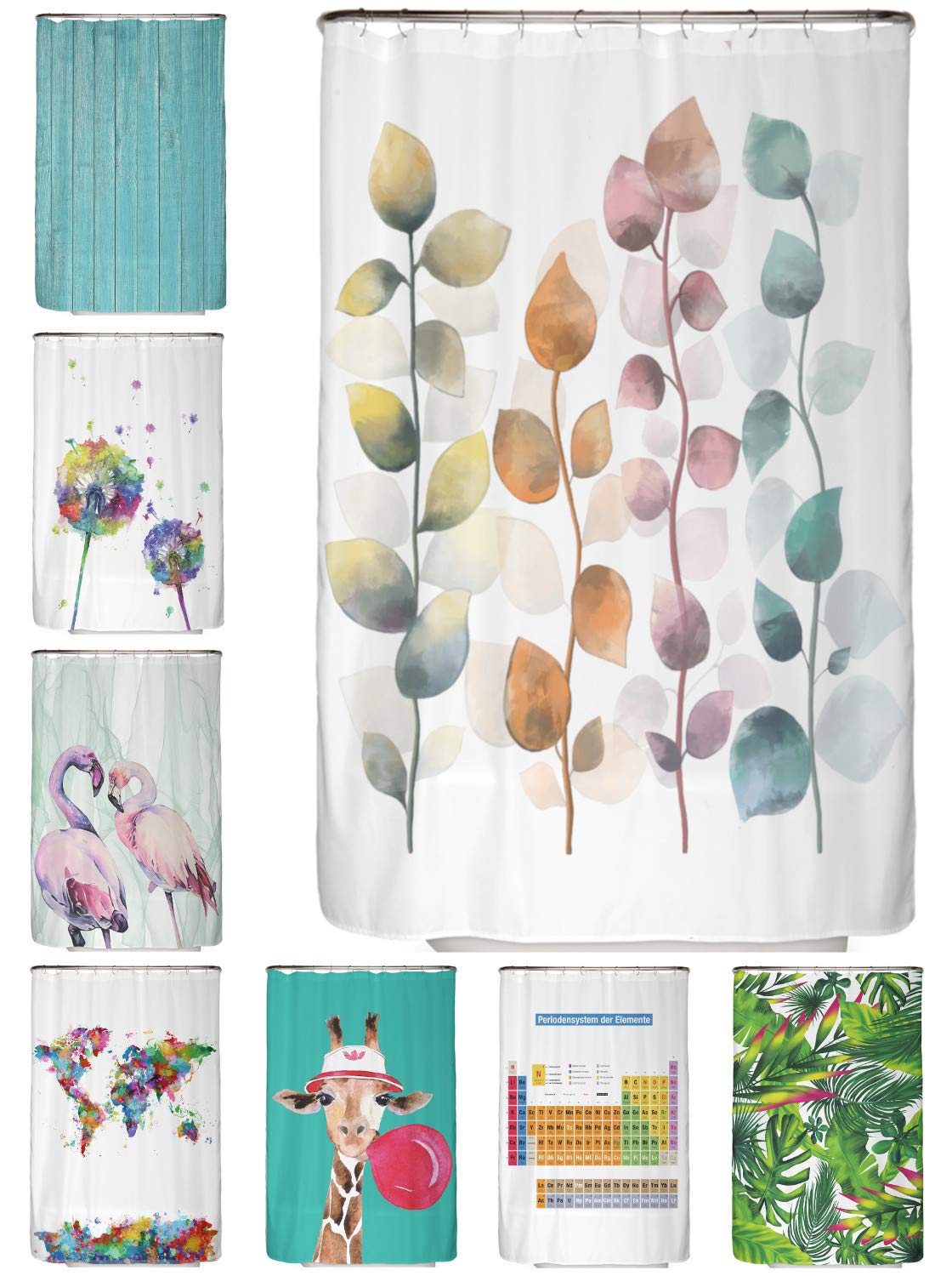arteneur® - Colourful Leaves - Anti-Mould Shower Curtain 120 x 200 cm with Oeko-Tex Standard 100 - Weighted Hem, Opaque, Waterproof, Washable, 8 Rings & E-Book (English language not)