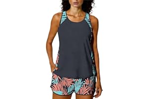 Tankini Swimsuits for Women Fashion Tummy Control Two Piece Bathing Suits with Sporty Pockets Swim Shorts