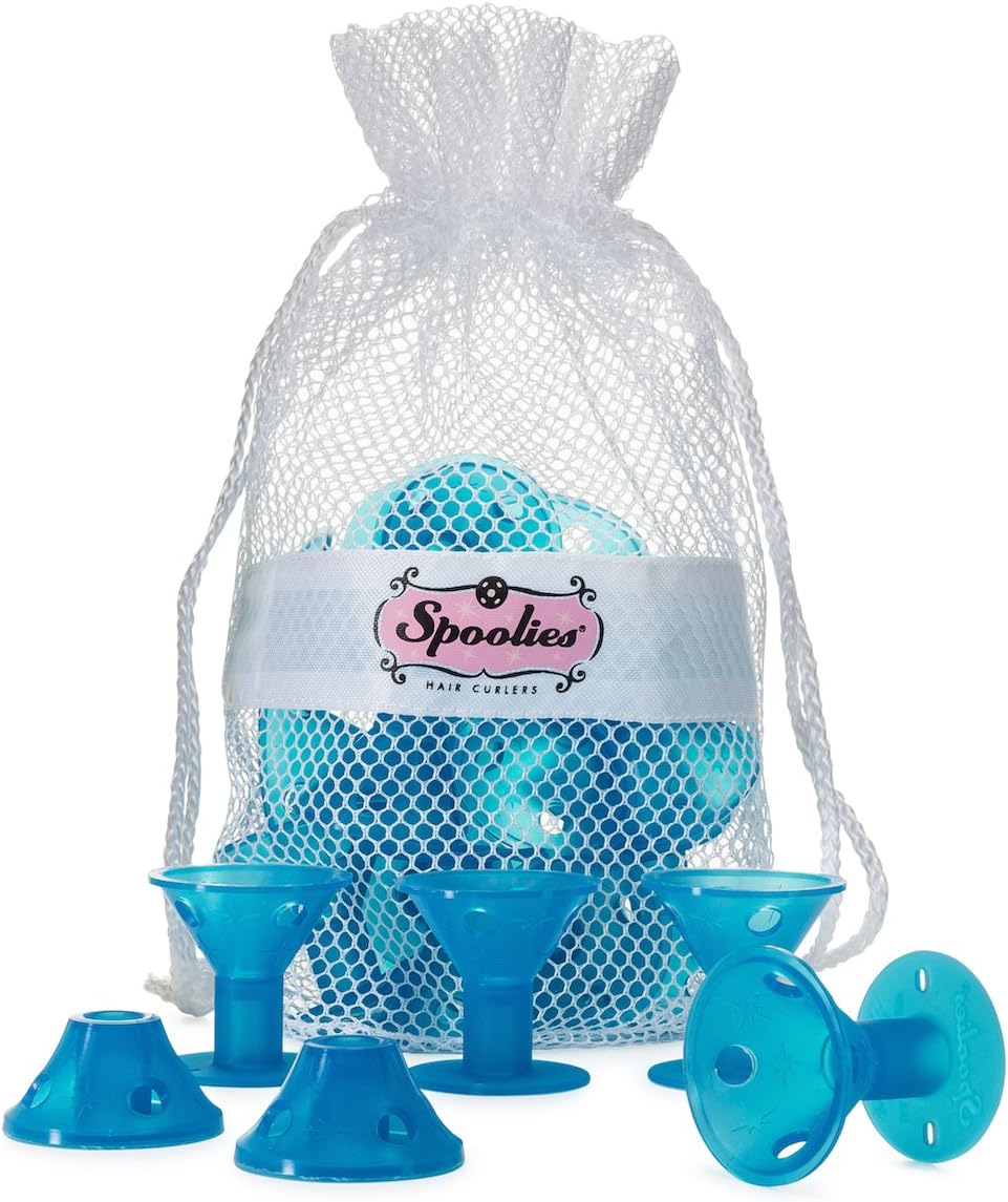Spoolies Original Hair Curlers, Heatless Silicone Rollers with Mesh Bag Gift for Natural Hair, Hair Extensions plus Wigs, Made in USA, 15 Jumbo Size, Beachy Blue
