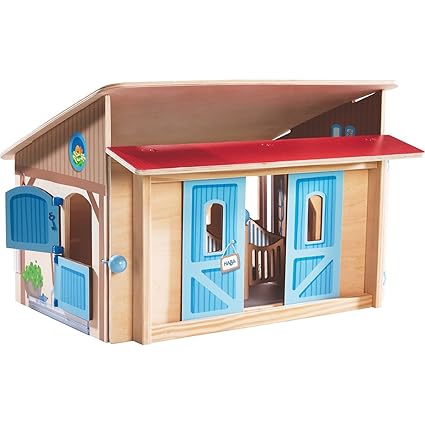 Haba Little Friends Wooden Horse Stable Riding School with Loving Illustrations & Sliding Doors