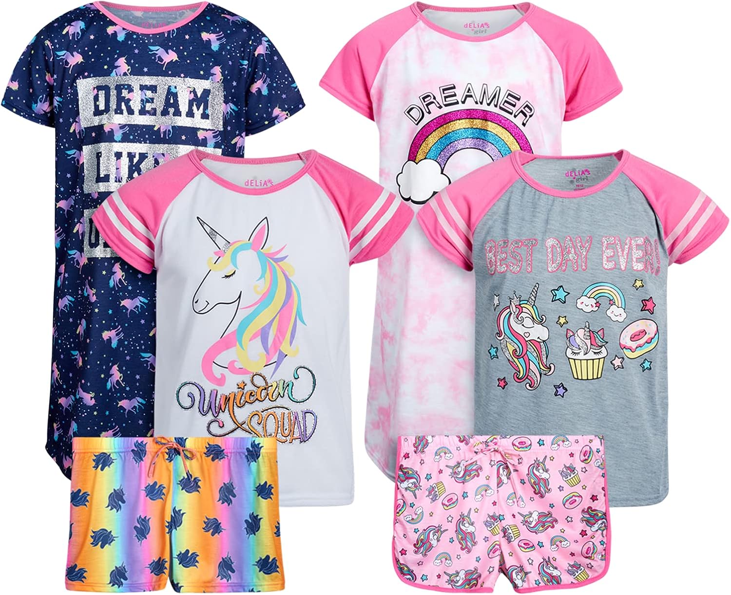 dELiAs Girls’ Pajama Set – 6 Piece Nightshirt, Tee, and Shorts (Little/Big Girl), Size 14/16, Unicorn Squad/Dreamer: Clothing