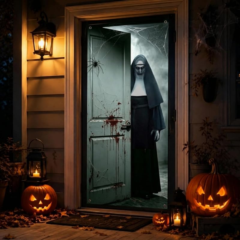 Banner de Puerta de Halloween Aterrador 180 x 90 cm, Decoración de Puerta de Horror para Fiesta (Monja Blanca)