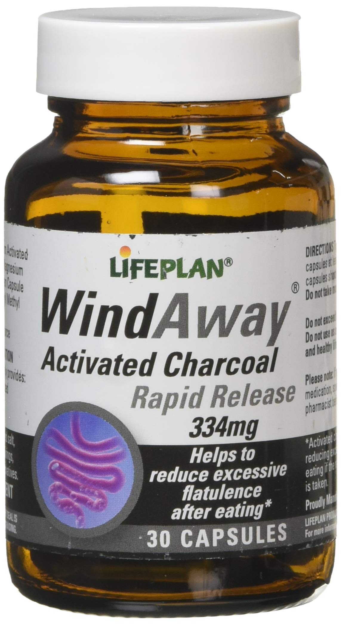 Lifeplan WindAway Rapid Release Activated Charcoal 334mg Supplement — (30 Capsules) — to Help Reduce Excess Flatulence