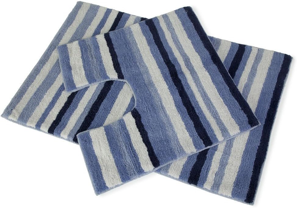 Hallways Stripey 2 Piece Blue Navy White Bath Mat & Pedestal Toilet Rug 100% Cotton Set For Bathroom