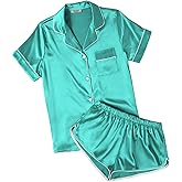 Ekouaer Womens Silk Satin Pajamas Short Sleeve PJS Shorts Set Soft Button Down Sleepwear 2 Piece Loungewear S-5XL