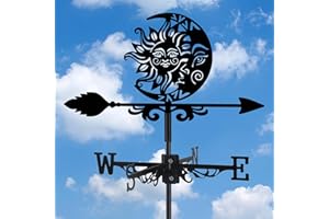 VESTCDF Sun and Moon Face Weather Vane, Black Metal Weathervane Roof Mount, Wind Direction Indicator Wind Measuring Tool Outdoor, Wind Vane Ornament Decoration for Shed Garden Yard Farmhouse Patio Decor
