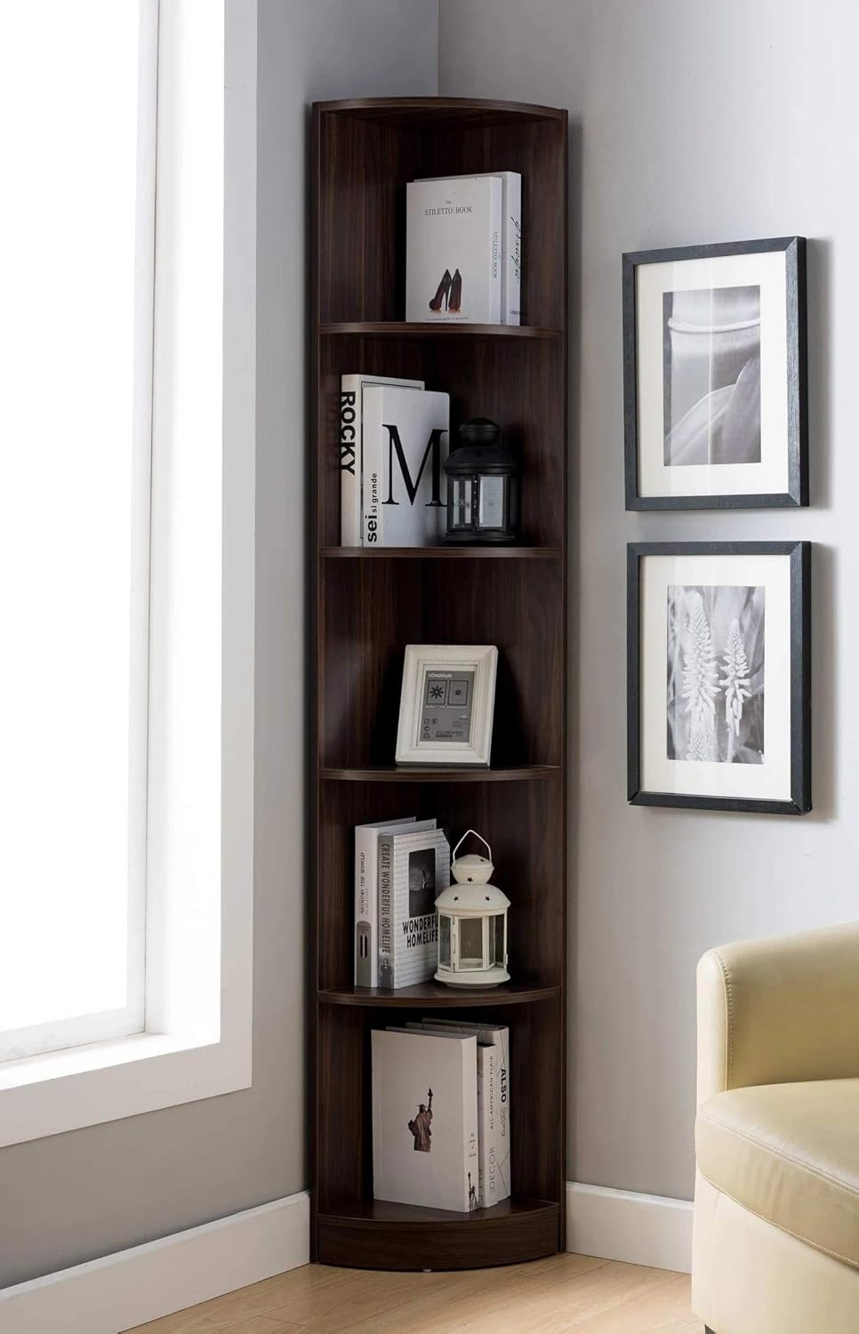 Toponeware Contemporary 5Tier Curved Front Corner Bookshelf Dark