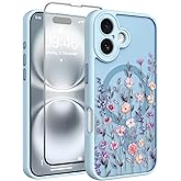 Fsoole Magnetic for iPhone 16 Case 6.1" with Screen Protector [Compatible with MagSafe] Pretty Flower Floral Pattern Design, Shockproof Slim Cover for Women Girls, Light Blue
