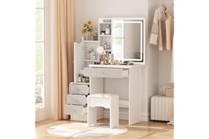 FAMAPY Vanity Desk with Mirror and Lights, Vanity Makeup Desk with Sliding Lighted Mirror, Vanity Mirror Makeup Desk with Cushion Stool, Drawers and Shelves, White and Grey