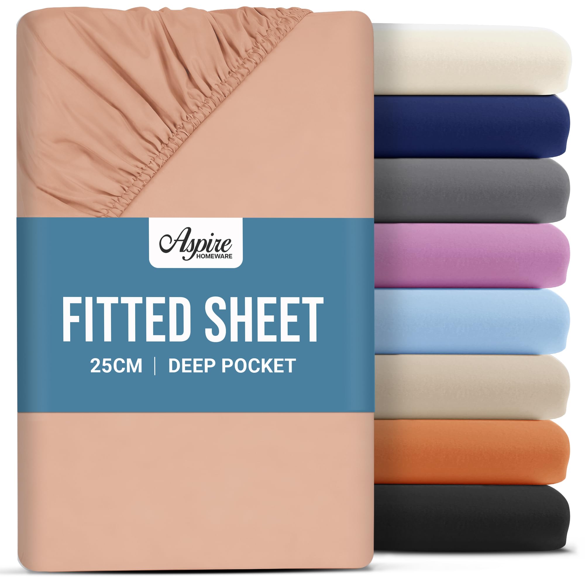 Aspire Homeware Double Fitted Sheet - 25 cm Deep Hotel Quality (Peach) Bed Sheets - Soft & Breathable Fitted Bed Sheets Double - Anti-Wrinkle Easy Care Fitted Sheets
