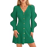 Wenrine Womens Puff Long Sleeve Sweater Dress Casual Button Down V Neck Ribbed Knit A Line Party Fall Mini Dresses