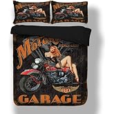 3pcs Motorcycle Sexy Beauty Garage Bedding Sets 3D Print Duvet Cover Pillowcase Twin Queen King Size Quilt Cover 3pcs Home Textiles (US Queen)
