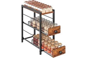 YATINEY Spice Rack, 3-Tier Pull Out Spice Rack Organizer for Countertop, Narrow Kitchen Countertop Storage Shelf with 2 Drawe