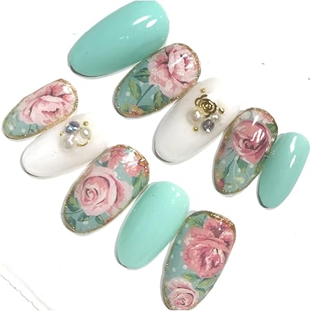 Amazon Onlyone Nail ｾﾐｵｰﾀﾞｰﾈｲﾙﾁｯﾌﾟ 大人可愛い パステル グリーン ローズ フラワー ネイル M Onlyone Nail ネイルチップ 通販