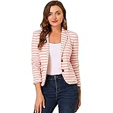 Allegra K Women's Notched Lapel Pocket Button Closure Striped Blazer