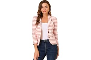 Allegra K Women's Notched Lapel Pocket Button Closure Striped Blazer