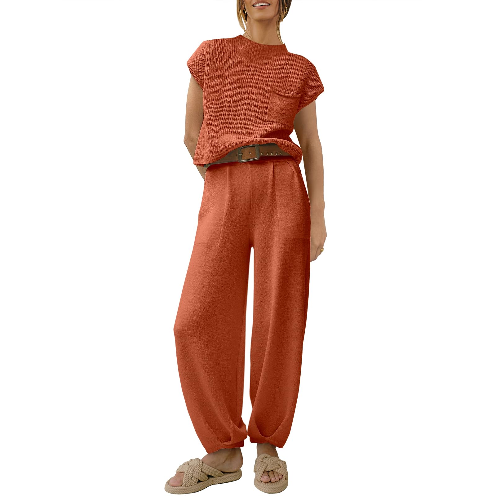 Women's Two Piece Outfits Sweater Sets Knit Pullover Tops and High Waisted Pants Tracksuit Lounge Sets
