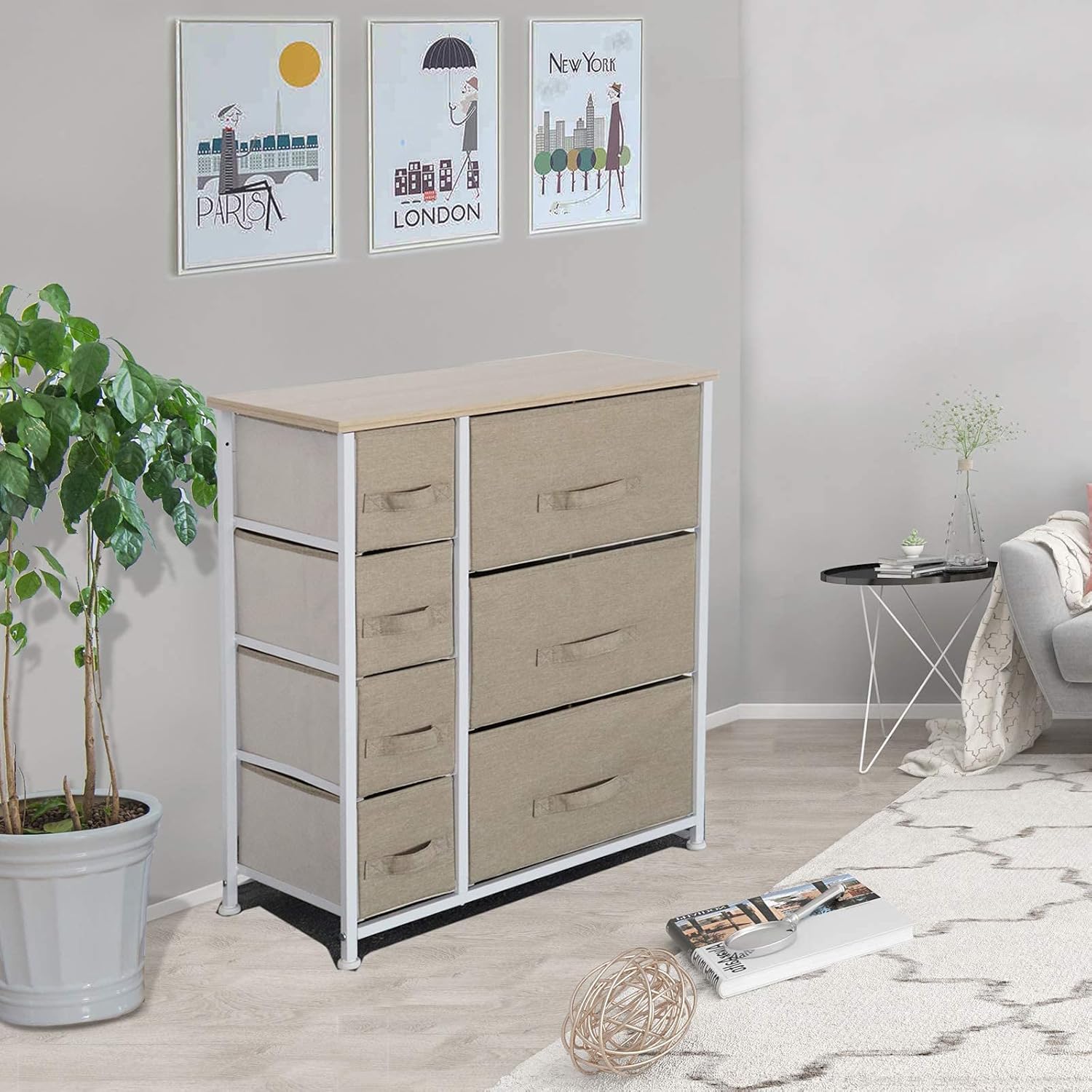 Dresser Storage Tower with 7 Drawers, Fabric Dresser, Organizer Unit for Bedroom, Living Room, Sturdy Steel Frame, Easy Pull Fabric Bins & Wooden Top -Camel DS0005D: Kitchen & Dining