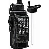 Iron Infidel Battle Bottle - 32 Oz Insulated Water Bottle with Straw Lid & Chug Cap, Stainless Steel Metal Tactical Flask With Rugged, Removable Sleeve for Keys & Phone or Wallet (Black Camo 1 Liter)