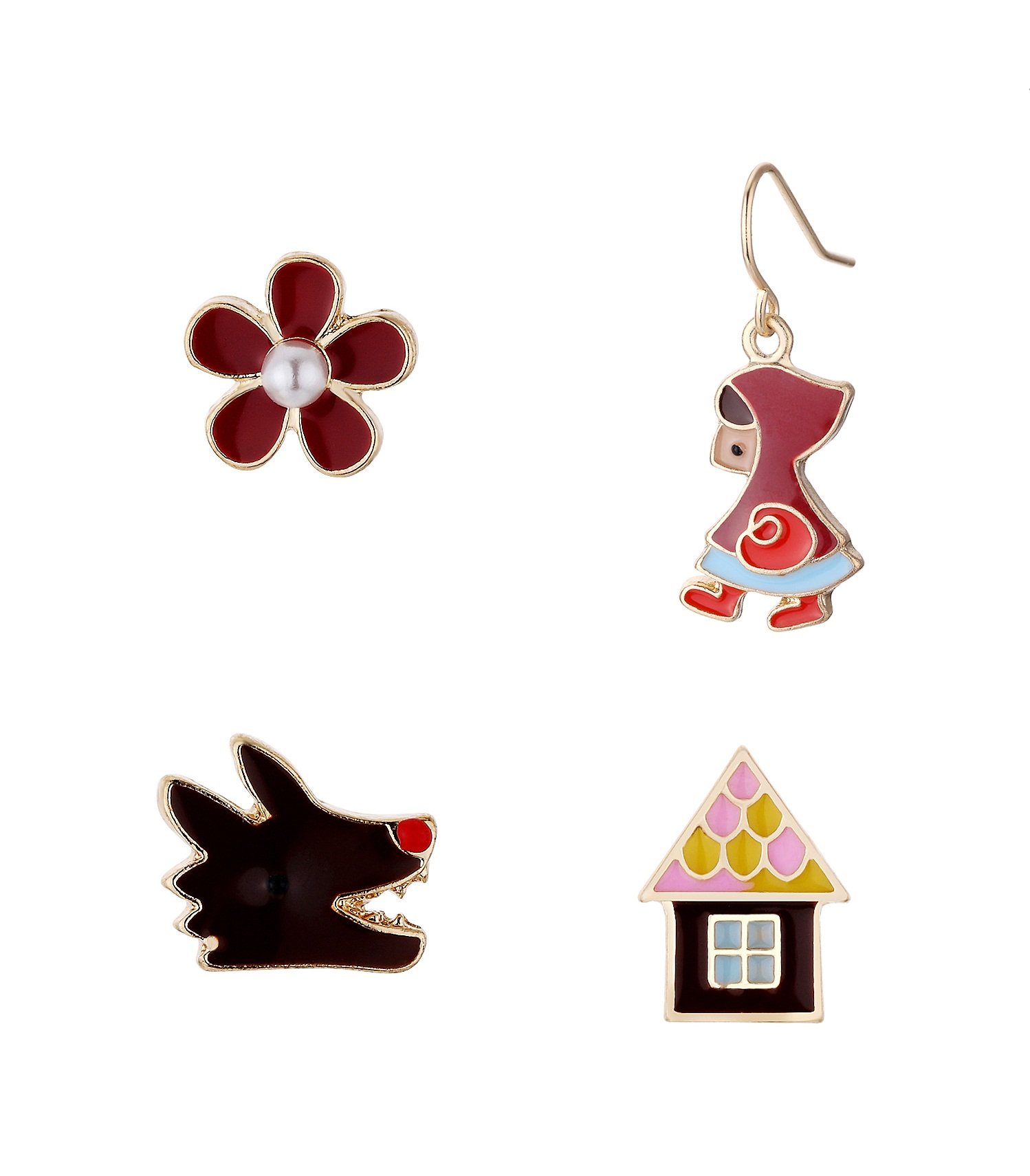 Nuwastone women\'s Flower & House & Little Red Riding Hood & Wolf Earring Set (Little Red Riding Hood)