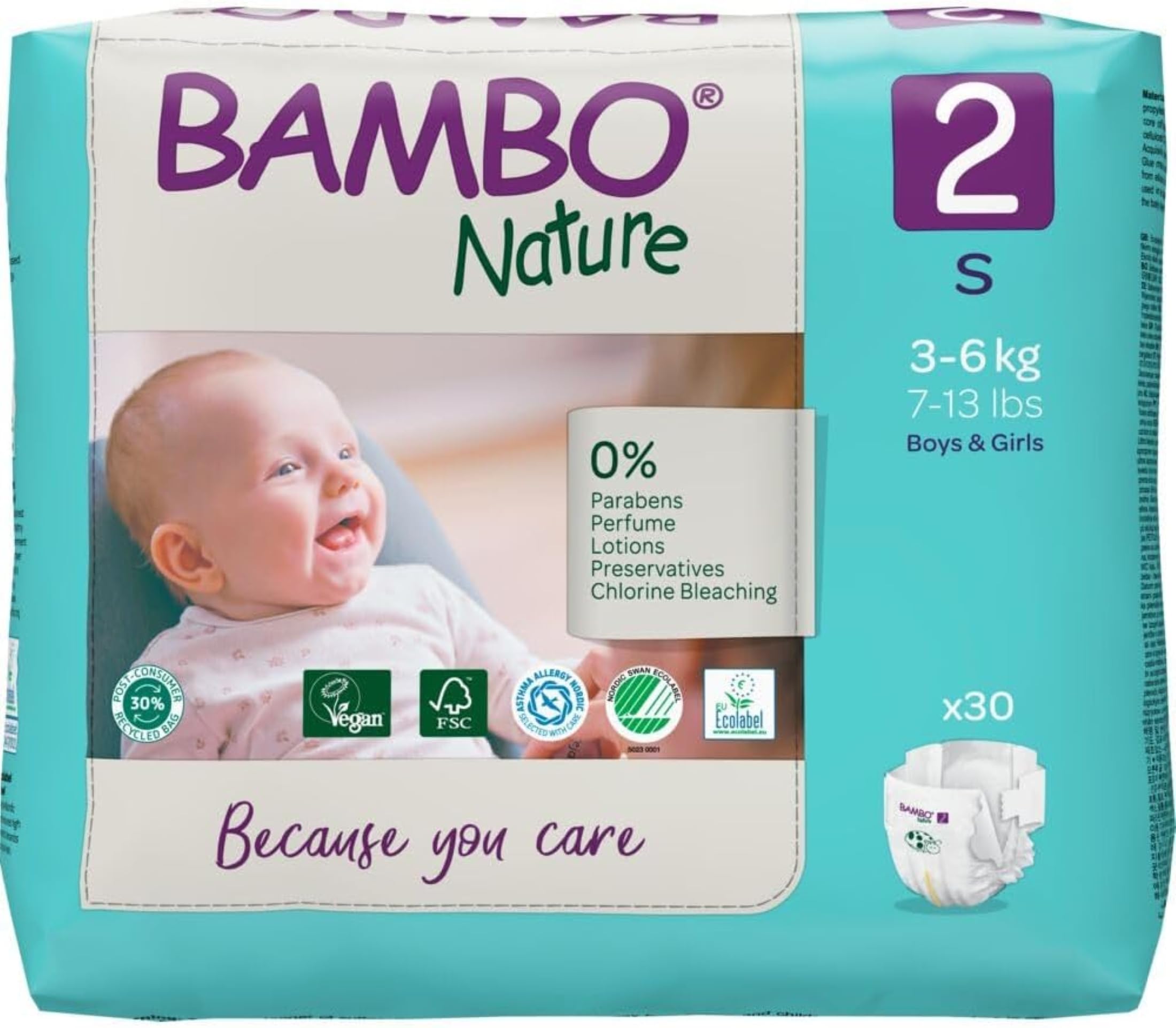 Bambo Nature Premium Eco Nappies, Size 2 (7-13lb/3-6kg), Mini, 30PK, Eco-Labelled Sustainable Nappy, Enhanced Leakage Protection, Secure and Comfortable Baby Nappies
