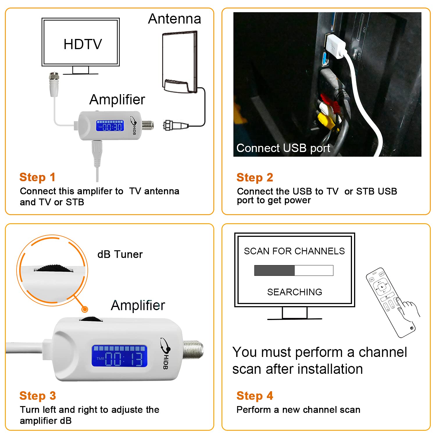 TV Antenna Amplifier Signal Booster, 25dBi High Gain Amplifier for 4K/1080p TVs, Low Noise, Adjustable Gain & Timer, USB Powered, Digital Signal Amplifier Boosts Weak Signals, Works with Smart TVs