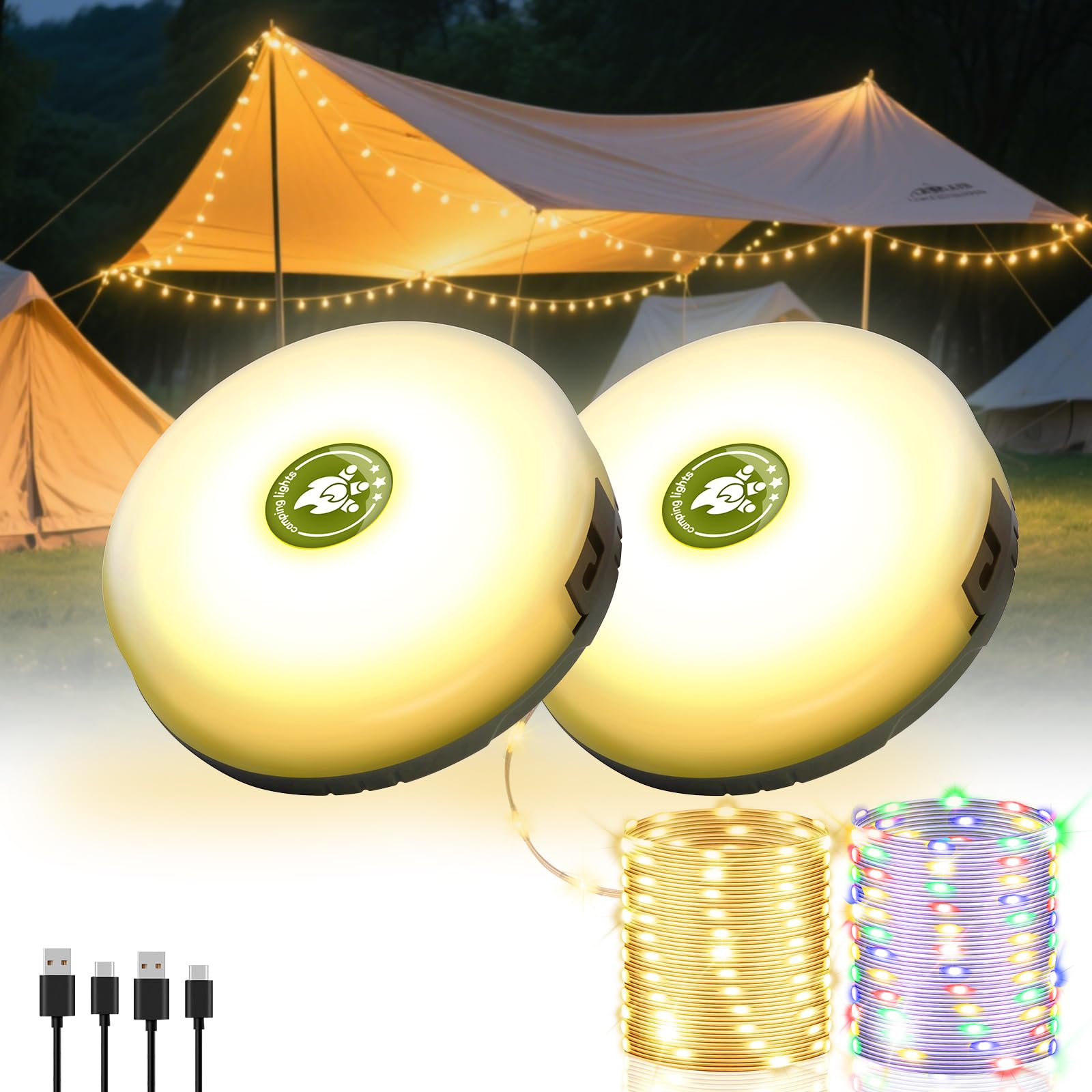 Photo 1 of 2Pack Camping String Lights, 4-in-1 Quick Storage Camp Light, 8Mode 32.8FT Hanging Tent Lights, Rechargeable Camp Lamp As Camping Essentials Gear, Waterproof LED Lantern for Hiking Travel Patio Party
