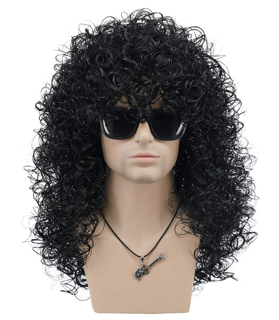 VGbeaty Mens Slash Long Curly Black Hard 70s 80s Rocker Wig Halloween Costume Cosplay Wig (Black)