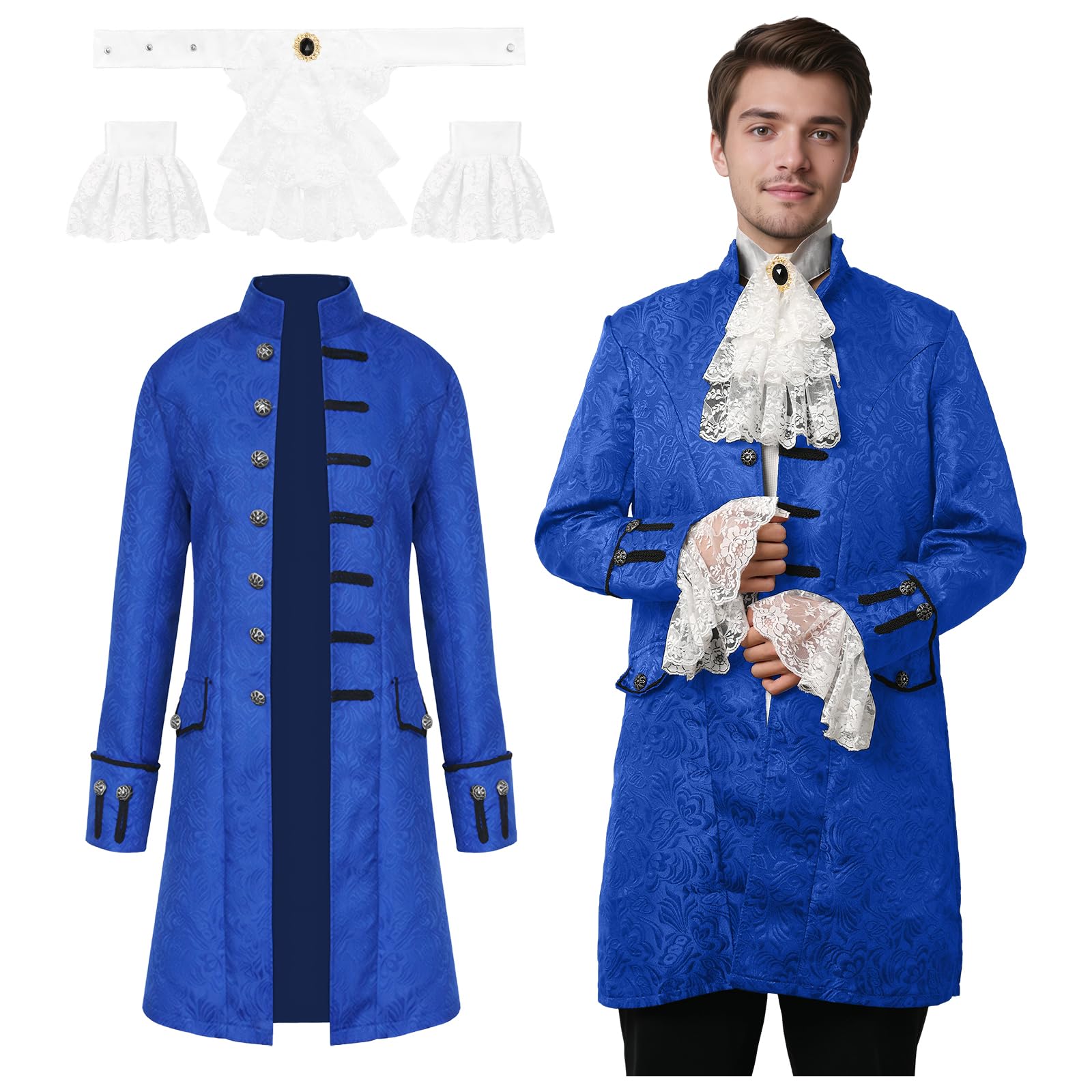 JDFAIJEAL Men's Steampunk Vintage Gothic Tailcoat,Medieval Victorian Frock Coat Renaissance Jacket,Carnival Halloween Cosplay Uniform Costume (Blue, S)