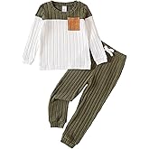 ROMPERINBOX Toddler Boy Clothes Fleece Fall Winter Outfit Color Block Ribbed Long Sleeve Sweatshirt and Pants 2Pcs Set 18M-5T