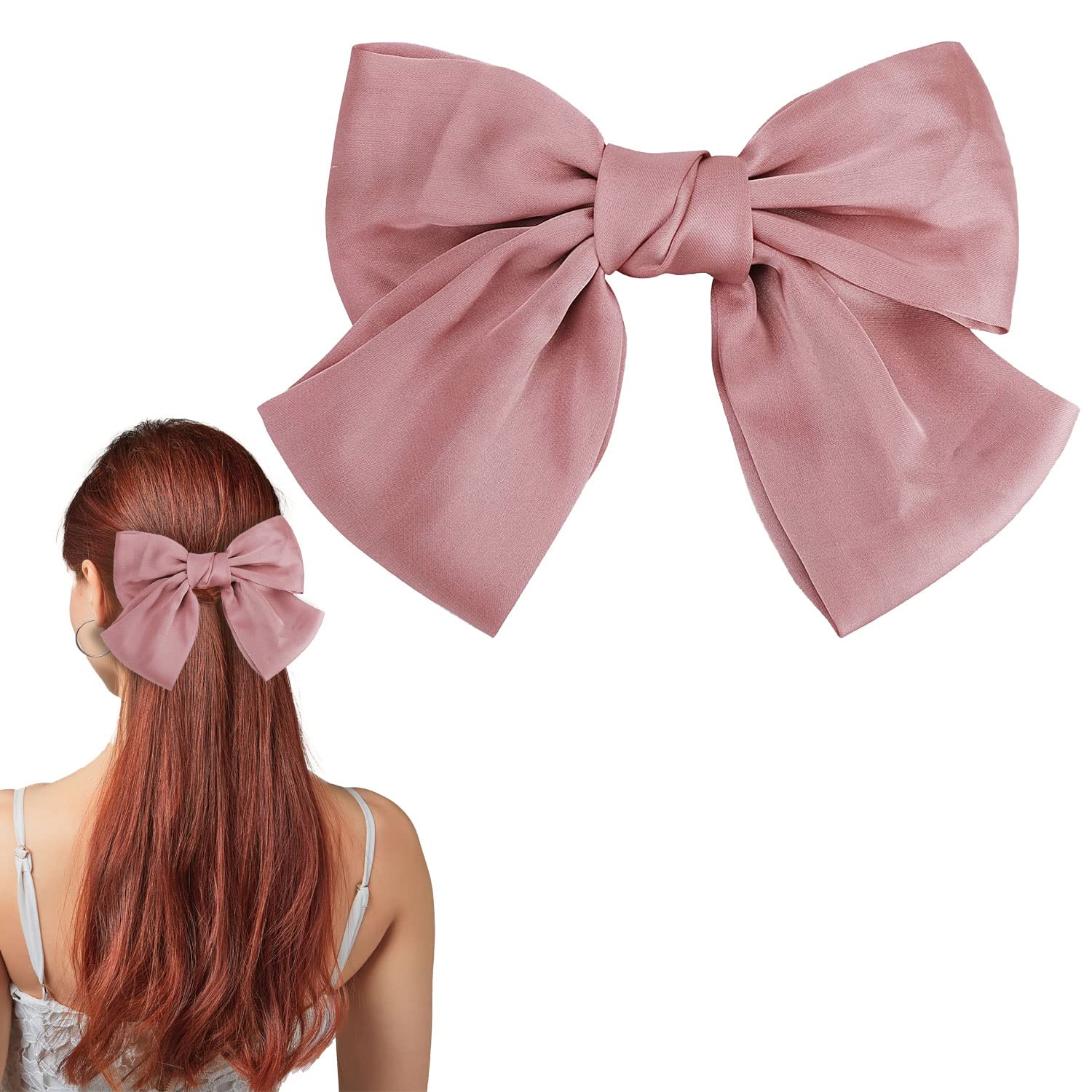 Bow Hair Clip, Hair Bows for Women Big Bowknot Hairpin French Hair Clips with Long Ribbon Solid Color Barrette Clips for Women Girls(Pink-1pc)