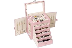 BOOVO Jewelry Box For women, 6 Layer Large Jewelry Organizer With Mirror, Multi-Function Storage Box With Lock, Accessory Holder With 5 Drawers, For Earrings Necklace Ring Bracelet (Pink)