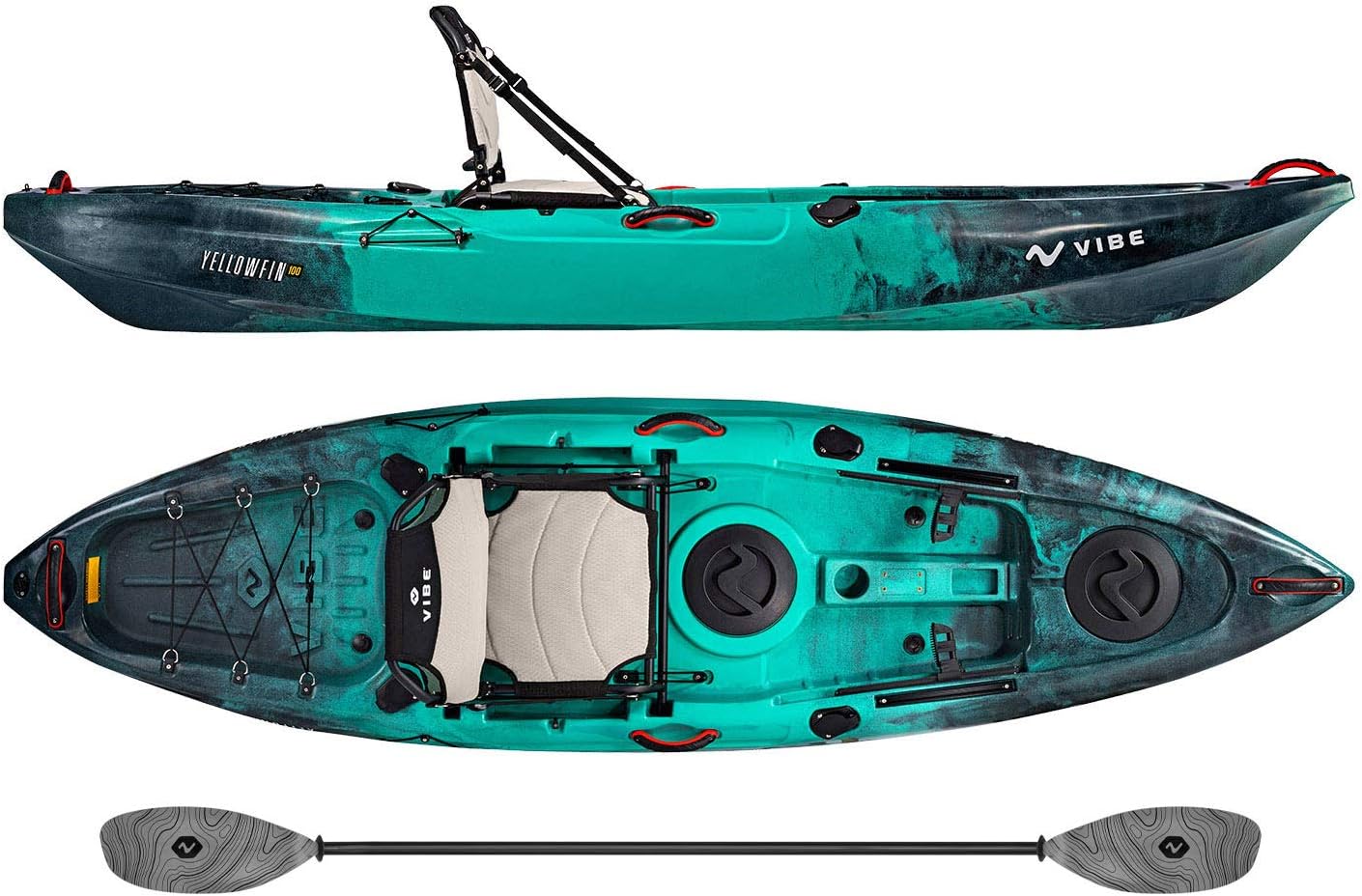 Vibe Kayaks Yellowfin 100 10 Foot Angler Recreational Sit On Top Light Weight Fishing Kayak (Caribbean Blue) with Paddle and Adjustable Hero Comfort Seat - Grey Evolve Paddle