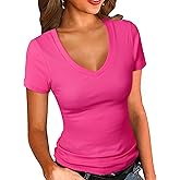 PALINDA Women's Short Sleeves Ribbed Fitted Shirt Basic V Neck Slim T Shirt Tops