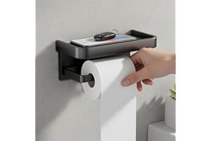 Toilet Paper Roll Holder with Storage Shelf, Wall Mount or Self-Adhesive, Aluminum, Bathroom Kitchen Organizer (black-01)
