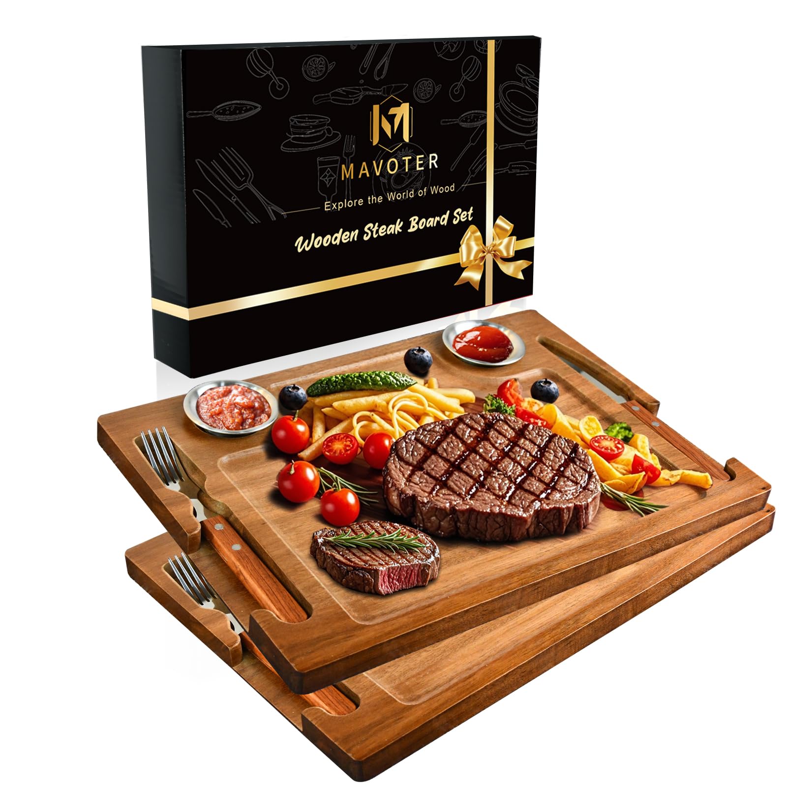 Photo 1 of MAVOTER 2 PCS Acacia Wooden Steak Board - 15 Inches Steak Cutting Plate Board with Fork, Knife and Ramekins (2 set)