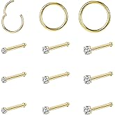 AccGin 10-12Pcs 18G 20G Nose Rings Studs Hinged Hoop Nose Ring for Women Men Corkscrew Bone L Shaped Nose Studs Hypoallergenic 316L Surgical Steel Nose Piercings Jewelry Small Silver Gold