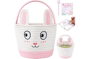 CONFUCIA Easter Bunny Basket for Kids - Pink Personalized Baskets for Girls Durable Handmade Cotton Woven Bag, Large Capacity Bucket for Egg Hunt, Candy, Gifts Storage Baskets for Boys Toddler & Baby