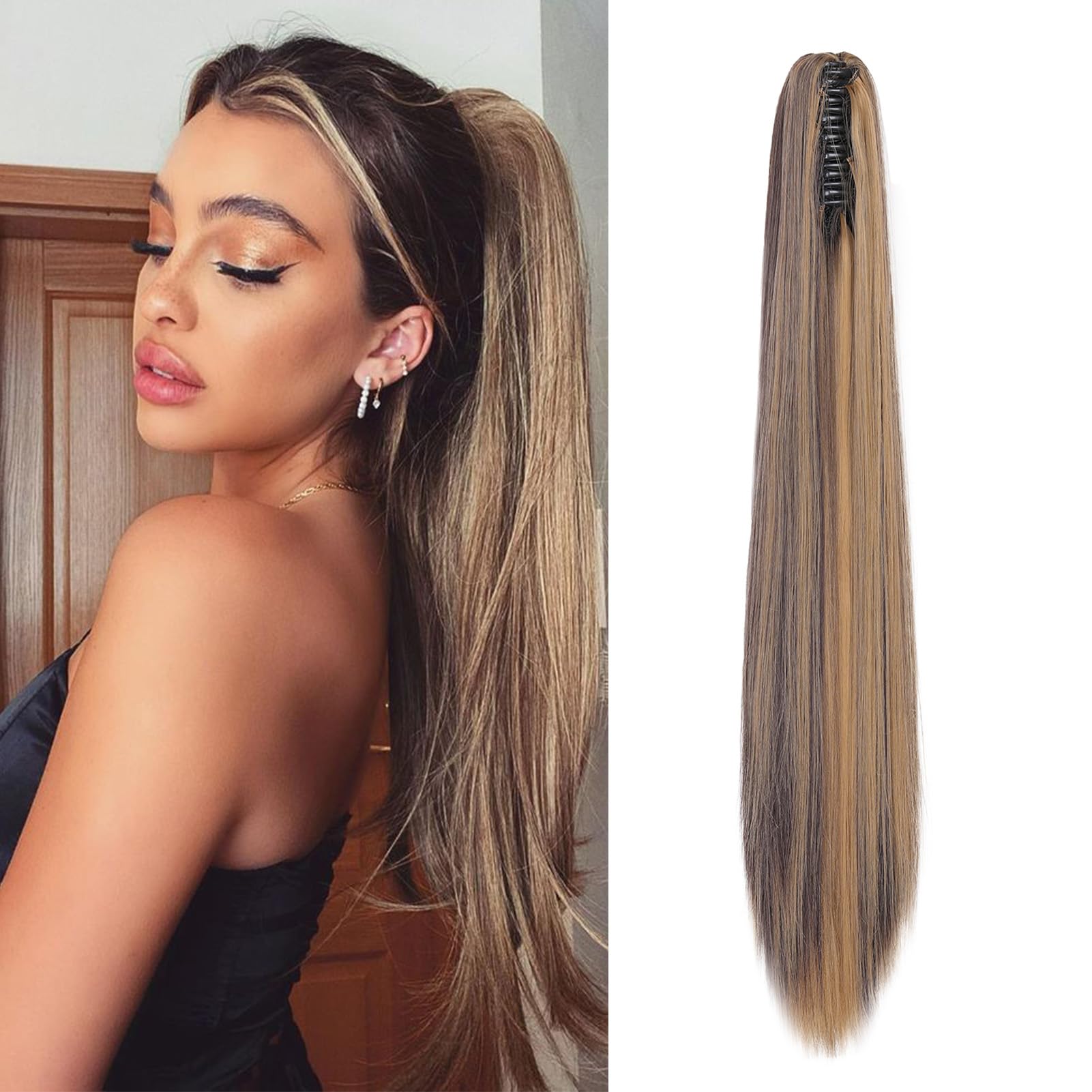 Cybelleza 22inch Ponytail Hair Extensions Ponytail Claw Jaw on Long Straight Pony Tails Clip in Hair Extensions Synthetic Hair pieces for Women (Dark Blonde & Medium Brown) — image 1
