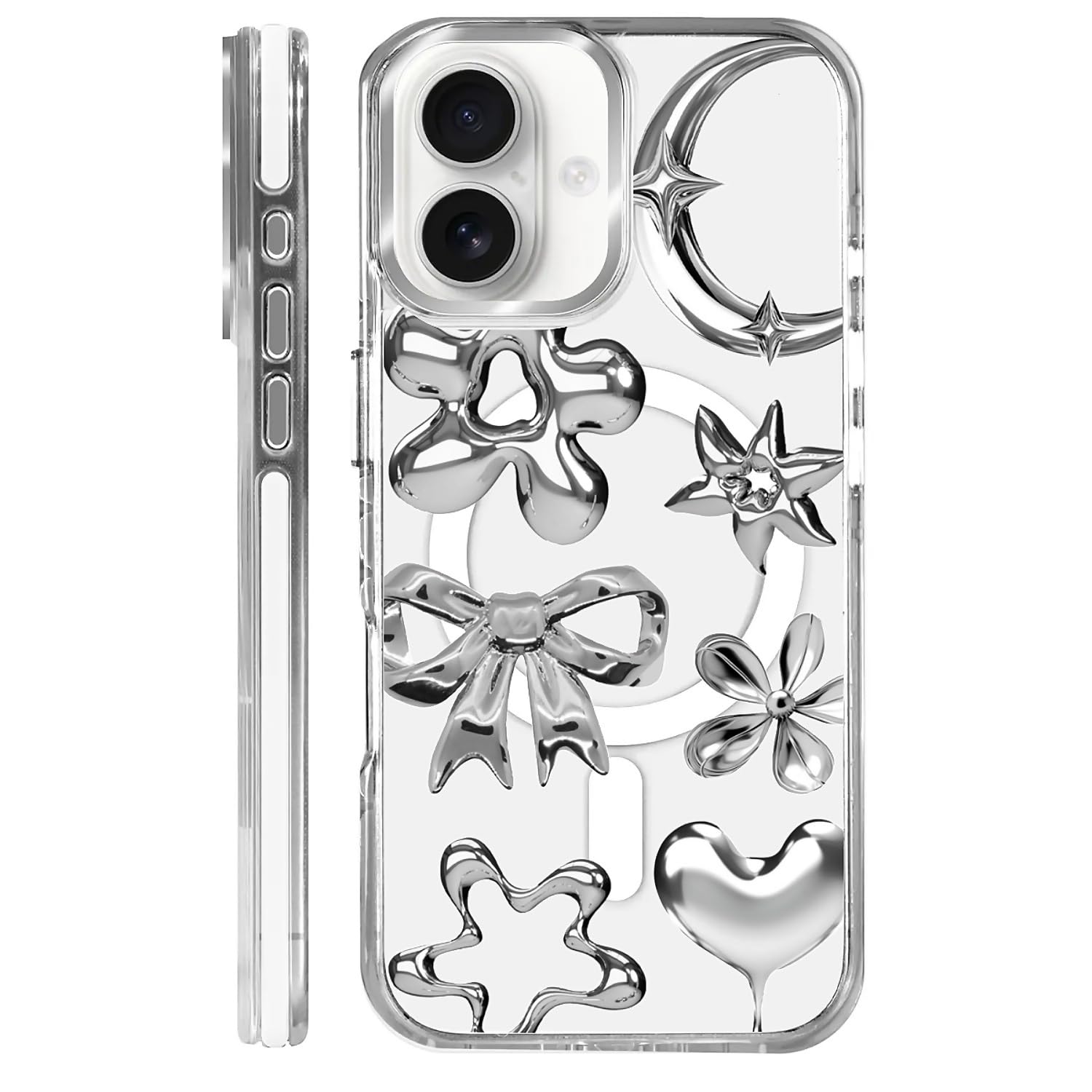 MQJCYB Magnetic Case for iPhone 16 Plus Design On Clear Base, Compatible with MagSafe, Slim Protective Soft TPU Bumper Phone Cover Women Girls Case Imitation Metal Flower Bow