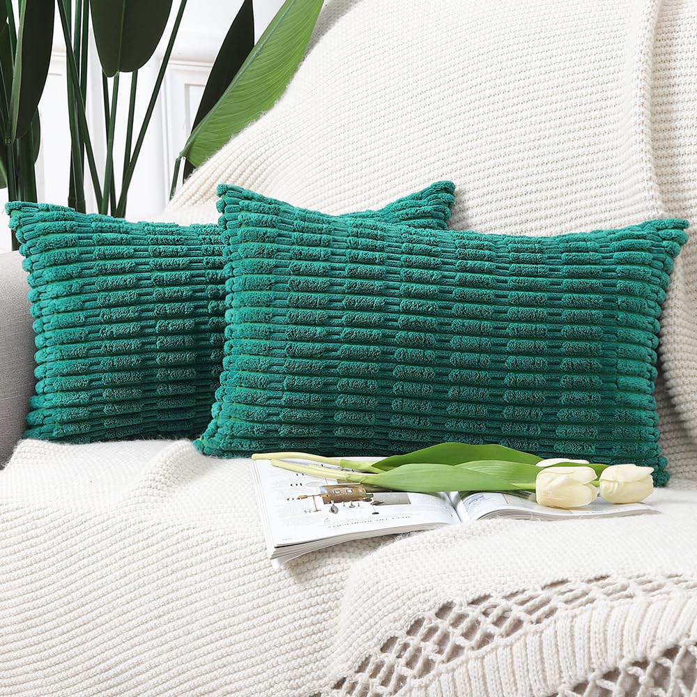 Madizz Pack of 2 Boho Striped Corduroy Throw Pillow Covers 12x20 inch, 30x50 cm, Dark Green Soft Decorative Cushion Cover for Sofa Bedroom Pillow Shell — image 1