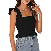 Rooscier Women's Smocked Ruffle Cap Sleeve Square Neck Peplum Blouse Top Plain Black X-Large