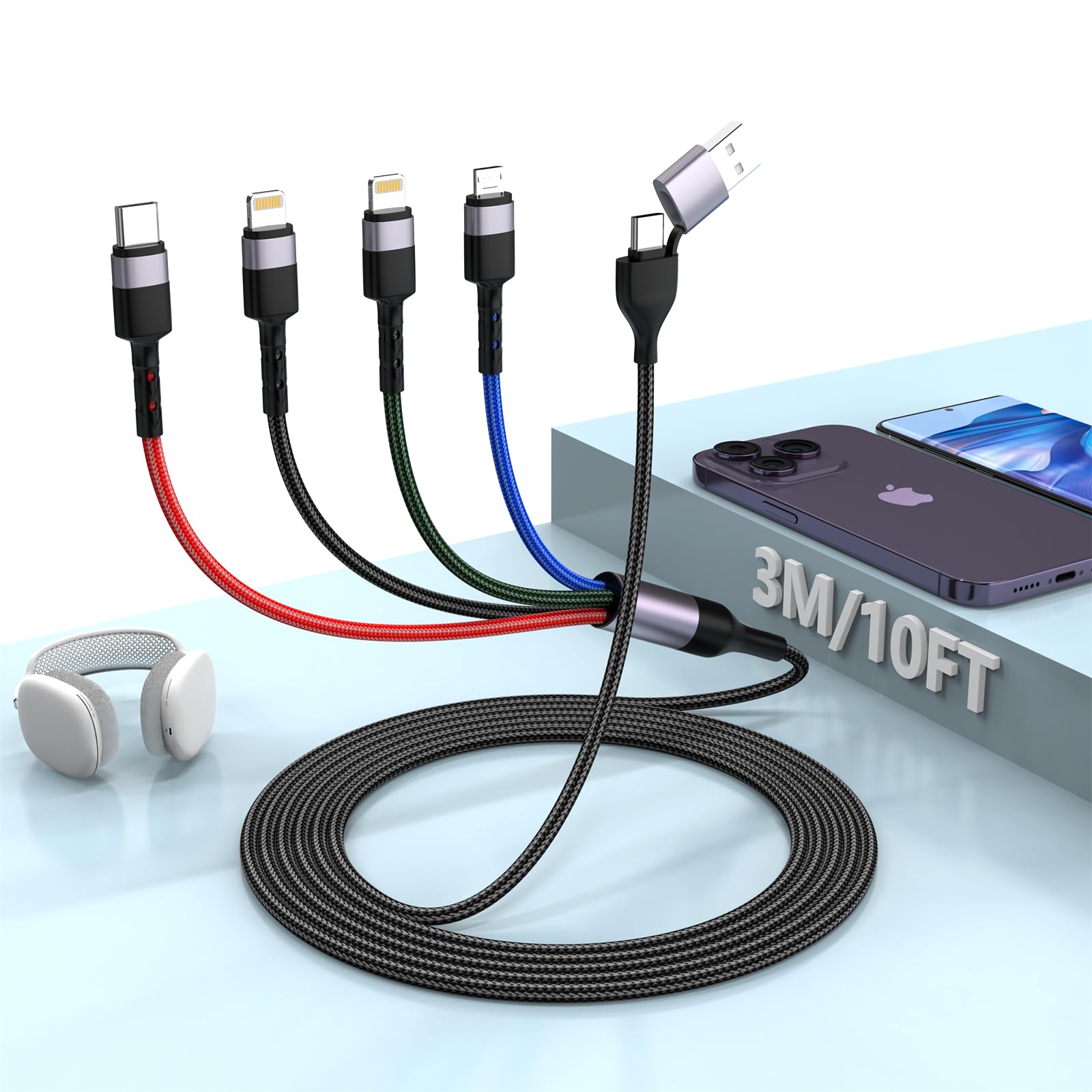 Photo 1 of 10FT 4-in-1 Apple Multi Long Charge Cord with Multiple Devices for Uber,USB A/Type C to Lightning*2+USB C+Micro USB Multi Head Phone Car Charger Combo for iPhone 16 1514/iPad/Samsung/Android/Huawei
