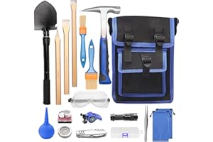 A PEERLESS SHOVEL 19 PCS Geology Rock Hammer Kit, 24oz Rock Pick Hammer, 3 Digging Chisels, Folding Shovel, Rock Hounding Tools with Brushes, Pocket Knife, Tweezers, Loupe, Goggles,Whistle, Shoulder Bag