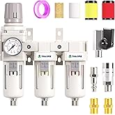 TAILONZ PNEUMATIC 0-150PSI 3/8 Inch NPT Grade 3 Stage Air Drying System, Particulate Filter, Air Filter Pressure Regulator Combo Piggyback, Air Tool Compressor Filter with Gauge (Semi-Auto Drainage)