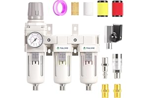 TAILONZ PNEUMATIC 0-150PSI 3/8 Inch NPT Grade 3 Stage Air Drying System, Particulate Filter, Air Filter Pressure Regulator Combo Piggyback, Air Tool Compressor Filter with Gauge (Semi-Auto Drainage）