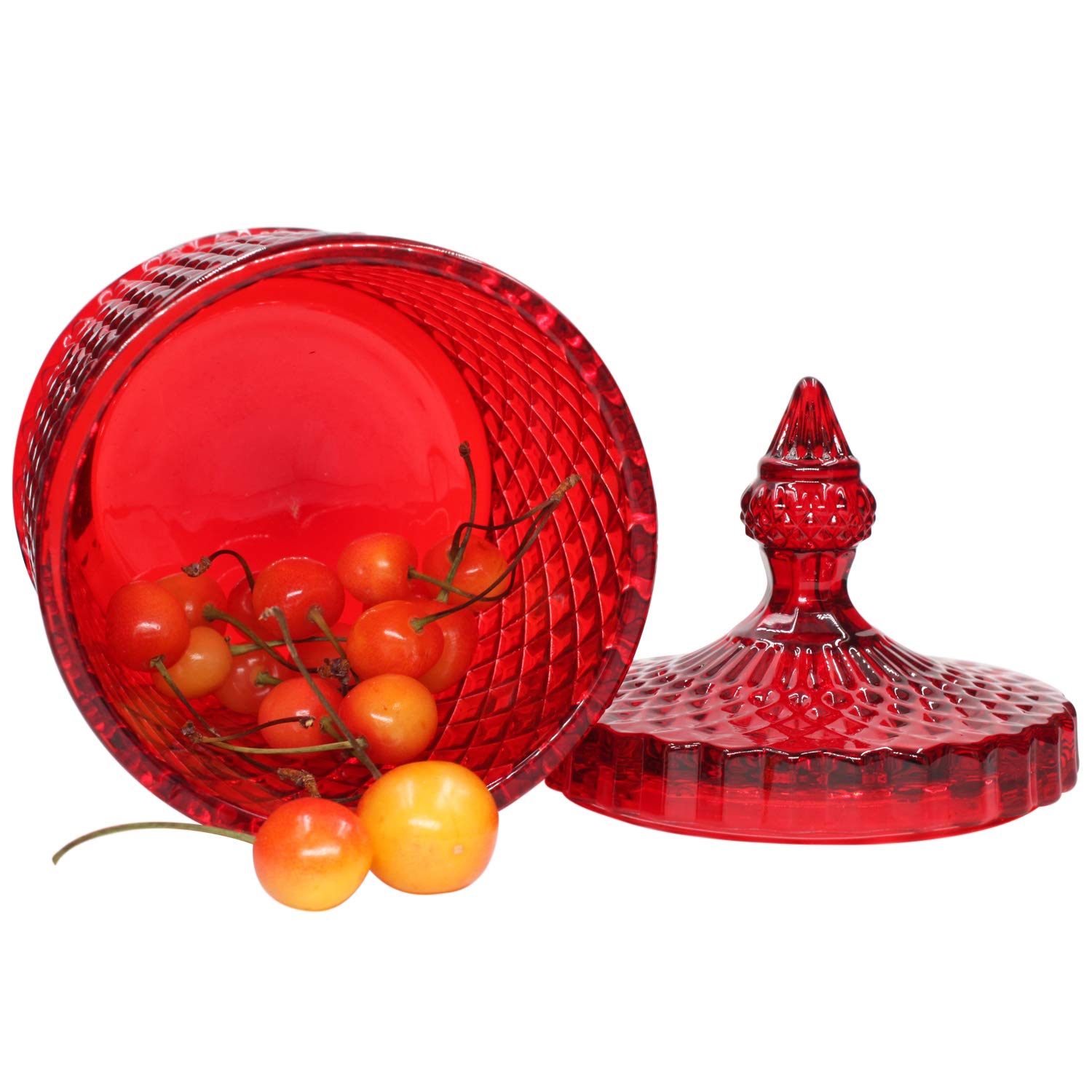 Candy Jar, Clear Glass Apothecary Container, Biscuit Barrel, Cookies Tin, Dry Food Storage Canister Crystal Weave Wedding Decorative Buffet Jars with Lid (Red, Middle)