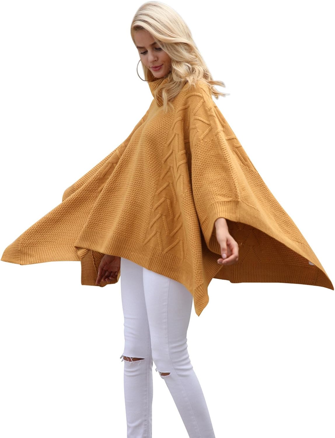 BerryGo Women's Chic Turtleneck Batwing Sleeve Asymmetric Knitted Poncho Pullovers Sweater Camel, One Size at  Women’s Clothing store