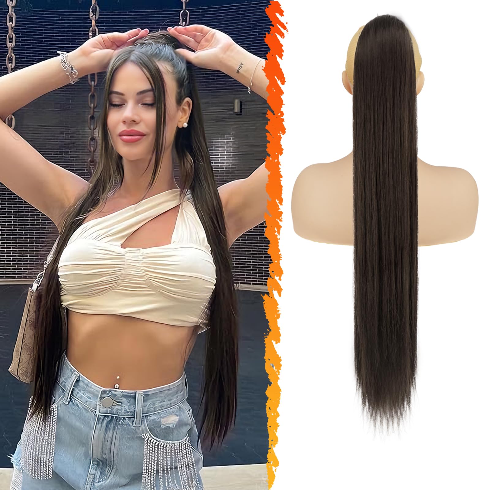 BARSDAR Brown Ponytail Extension, 30 Inch Long Straight Drawstring Ponytail Hair Extensions Synthetic Clip in Pony Tails Hairpieces Fake Straight Ponytail for Women Girls Daily- Dark Brown