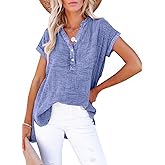 Dokotoo Women's Summer 2026 Boho Tops Casual Button Short Sleeve V Neck Shirts Solid Cotton Blouses